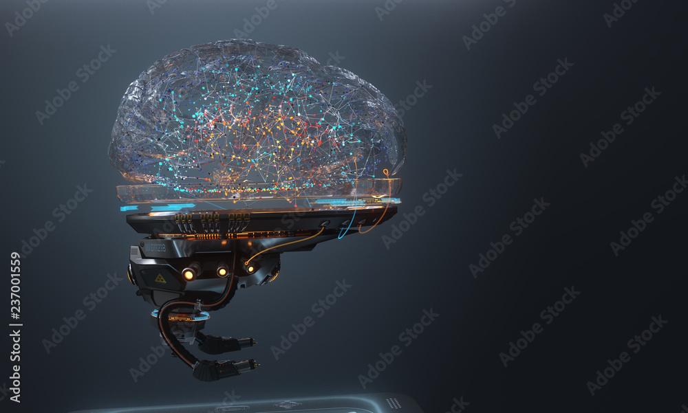 控制论人工机器人大脑AI未来概念设计，3d渲染