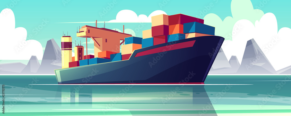 海上干货船的矢量图。商业运输，货物交付。Carto