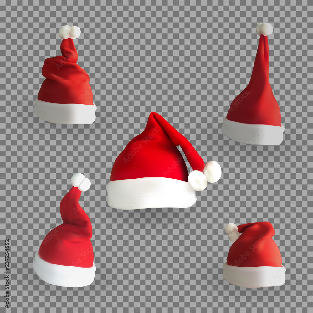 一套透明背景上的自然主义3D版圣诞老人帽。矢量插图