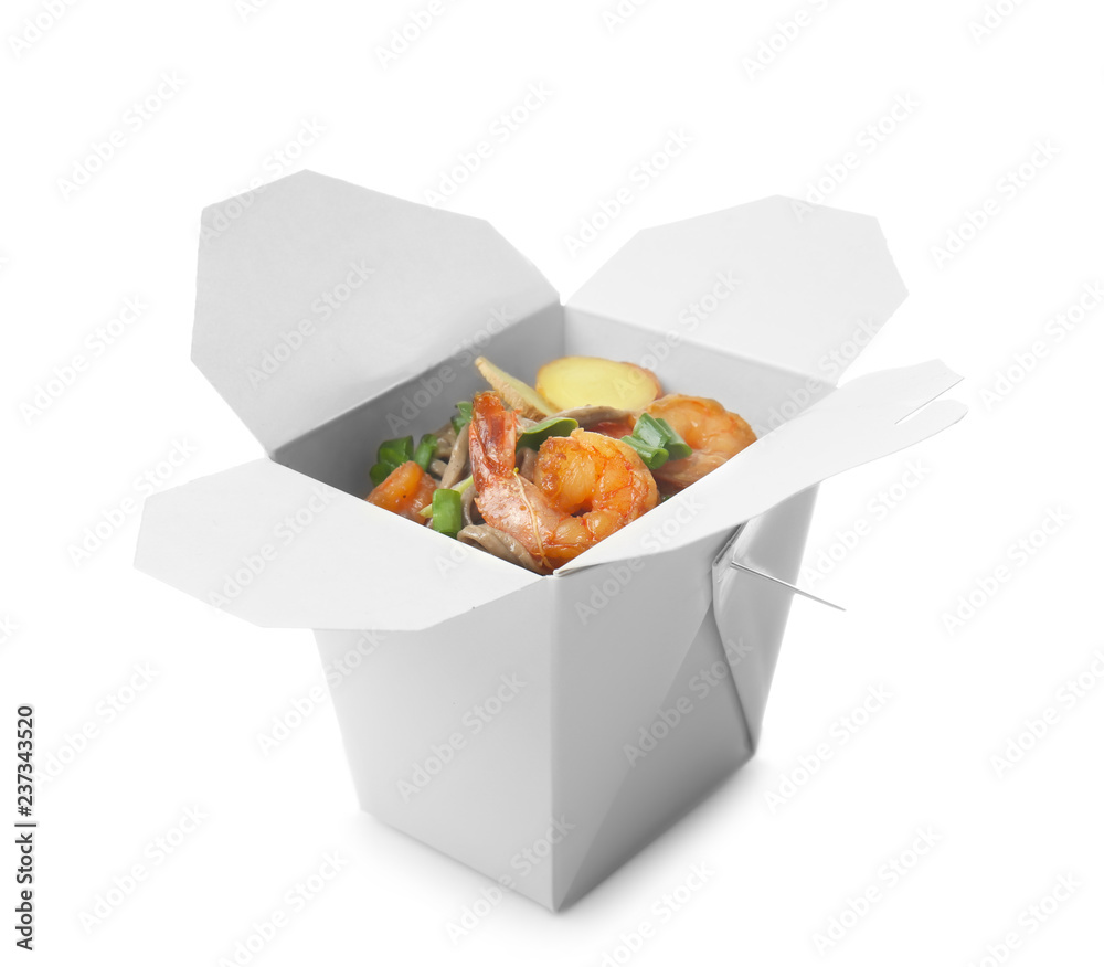 Takeaway box with delicious chinese food on white background