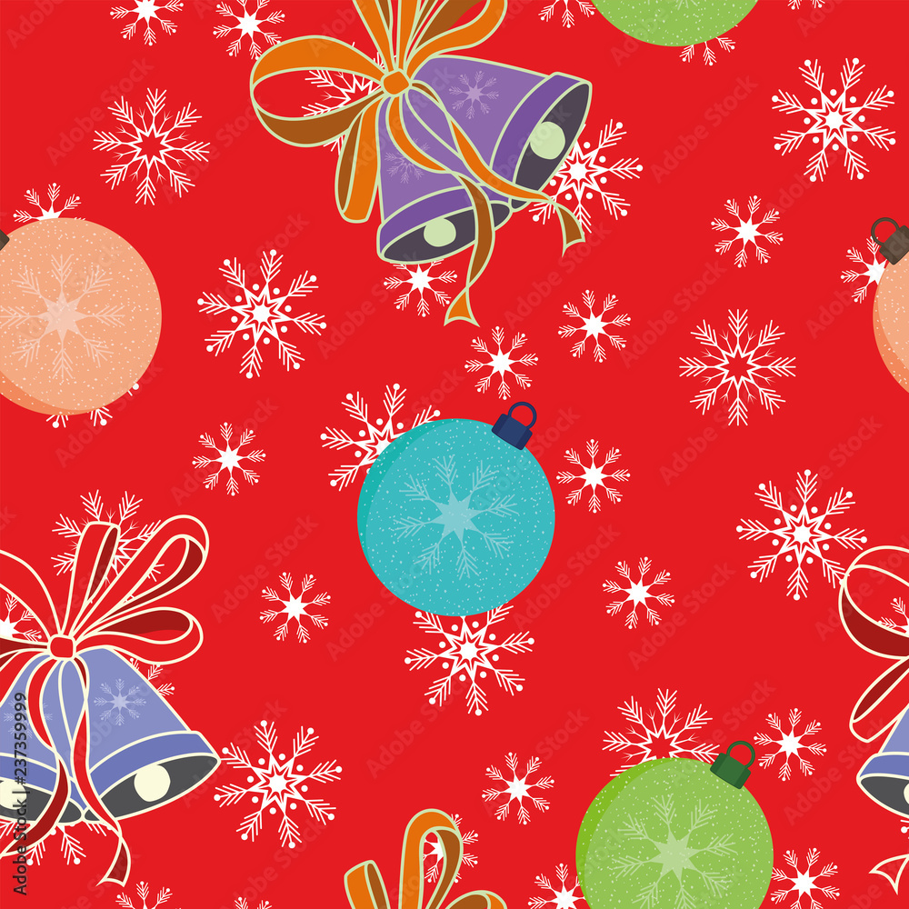 圣诞球和铃铛无缝图案雪花红背景