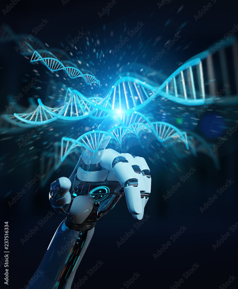 白色半机械人手扫描人类DNA 3D渲染