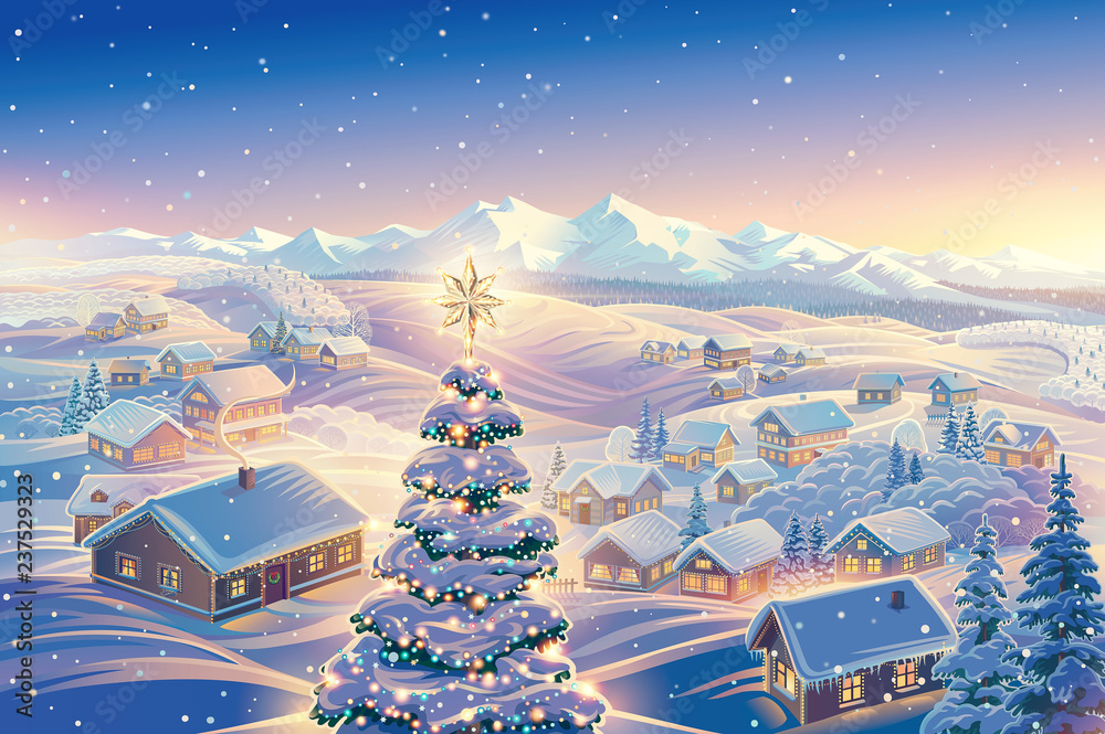 节日的冬季景观，背景是一个村庄，装饰得很喜庆的圣诞树