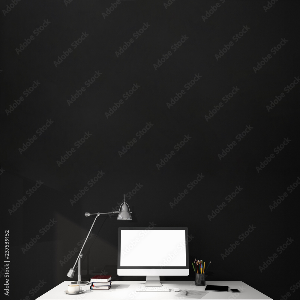 白色桌面办公桌上带有Destop电脑屏幕的工作区内部设计，工作空间，工作