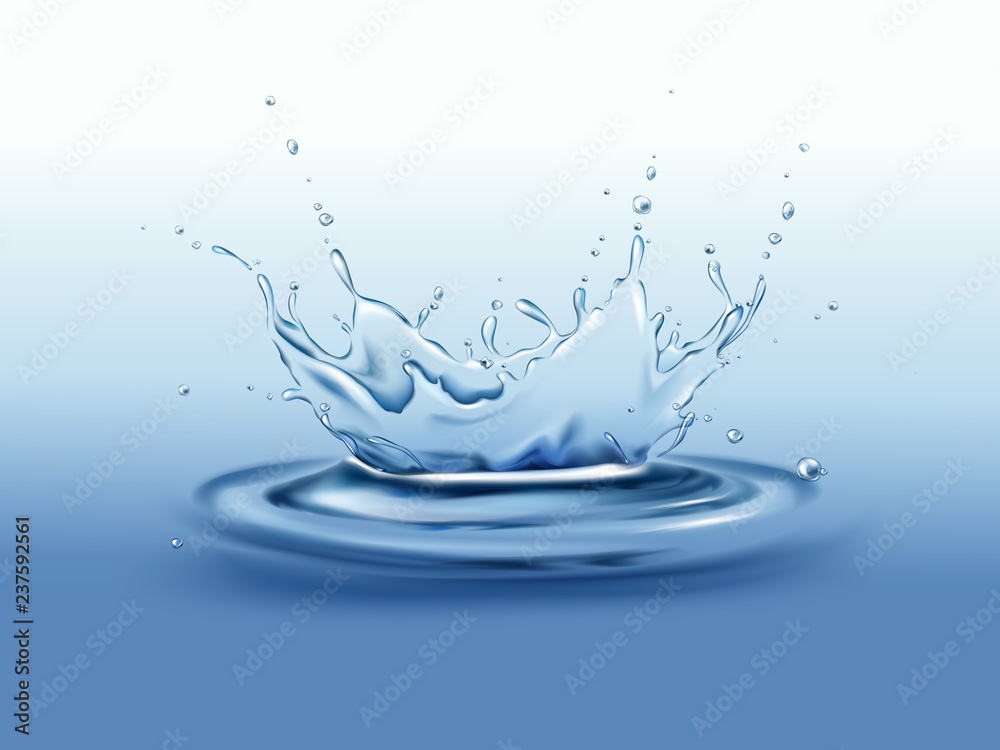 Frozen motion splash crown with droplets and waves on calm water surface realistic vector illustrati