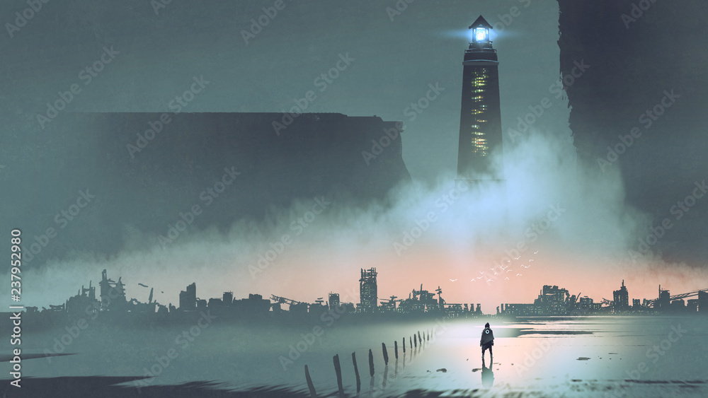 未来世界大灯塔夜景，数字艺术风格，插画