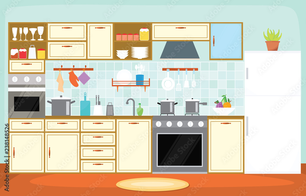 厨房内部家具餐具烹饪平面图