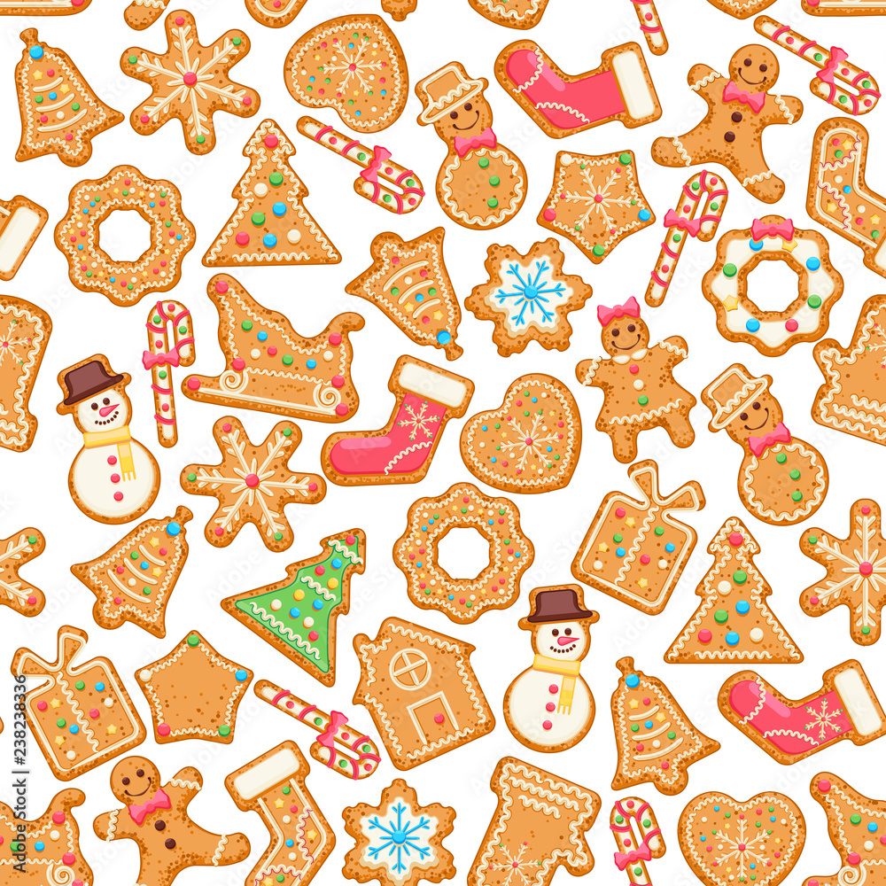 无缝图案的圣诞祝福。背景是五颜六色有趣的姜饼的可爱圣诞卡w