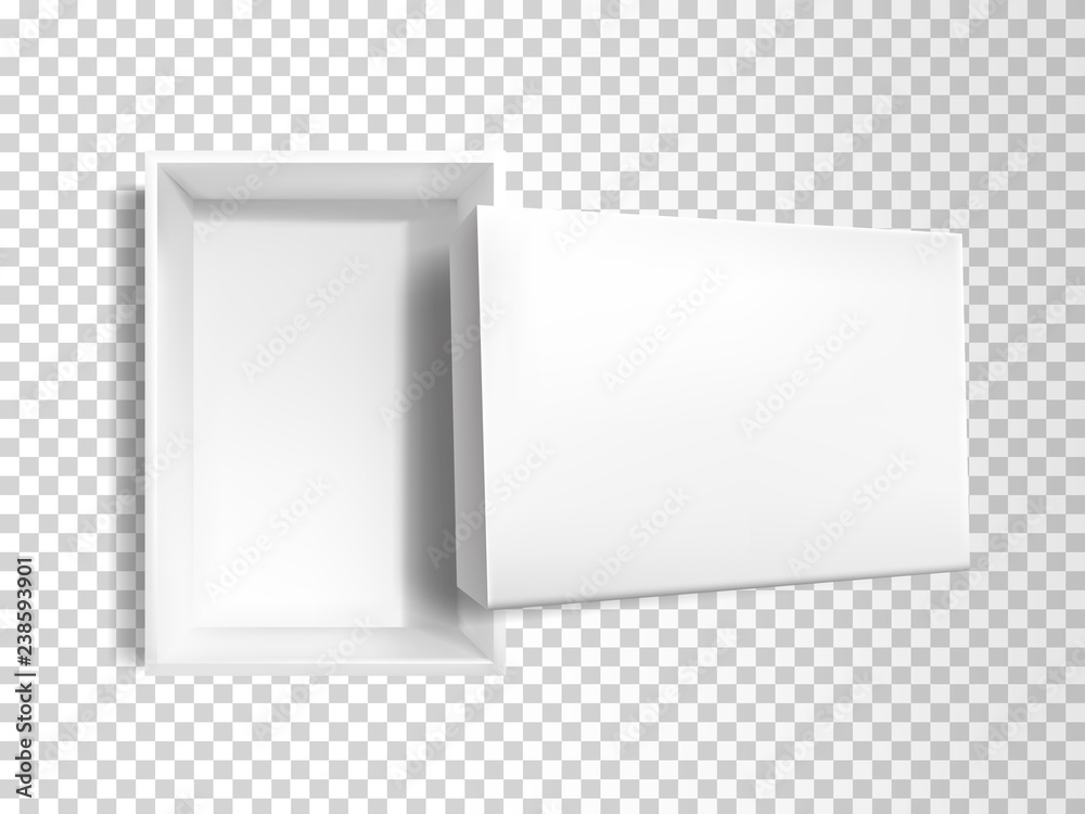 Vector 3d realistic white empty paper box with lid isolated on transparent background. Plastic recta