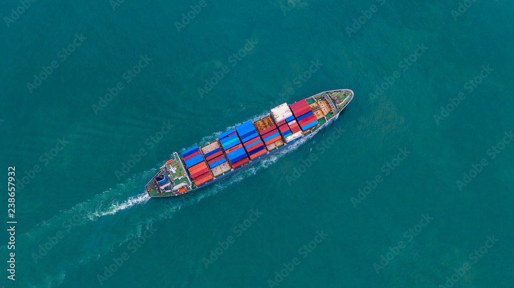 Aerial view container ship carrying container for import and export, business logistic and freight t