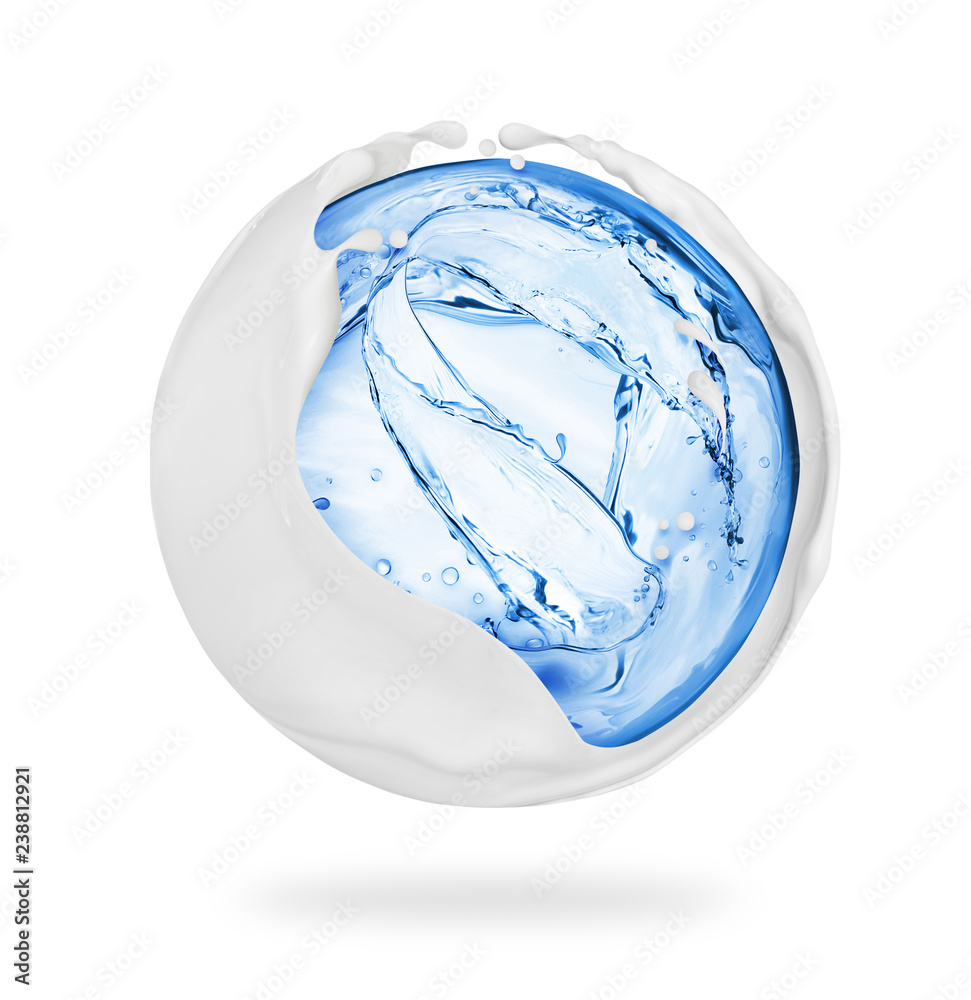 Water and cream splashes in spherical shape, isolated on white background