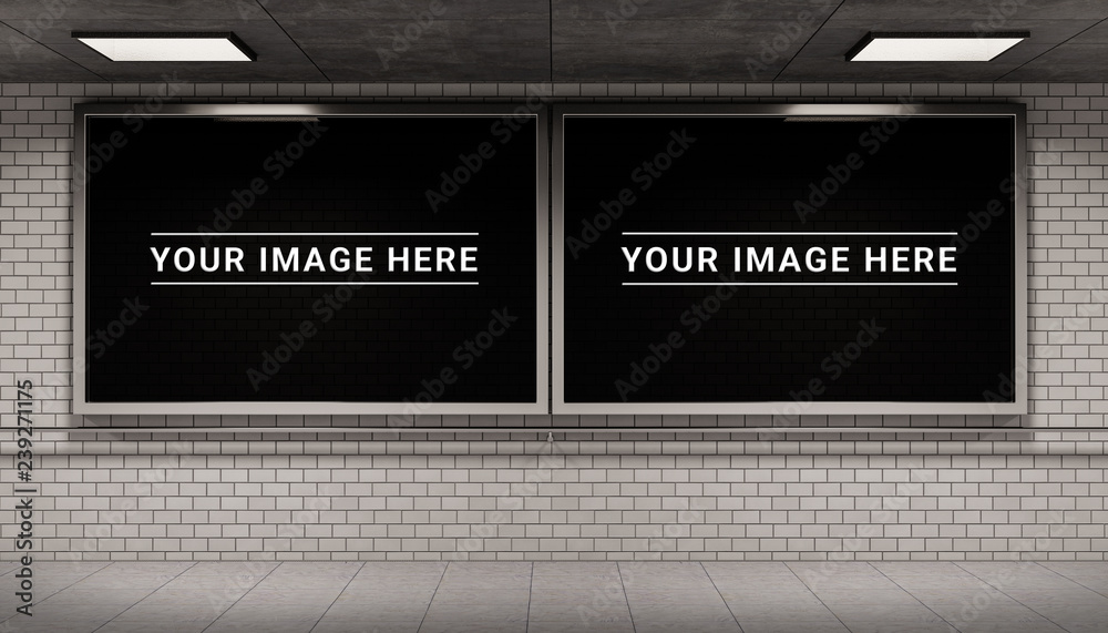 地下地铁站实体模型中的两个广告牌框架3D渲染