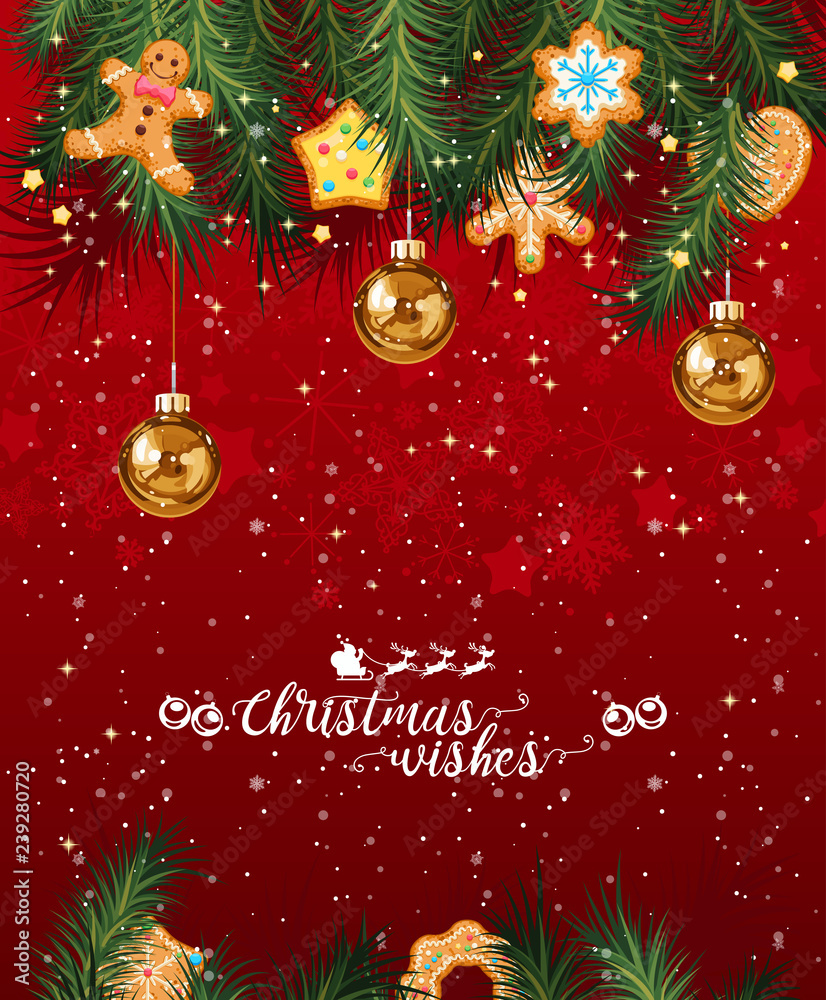 矢量圣诞背景是甜姜饼、装饰品、橘子和雪花。