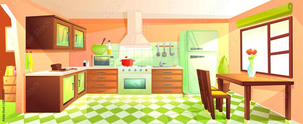 Modern kitchen interior with furniture. Design room with hood and stove and microwave and sink and r