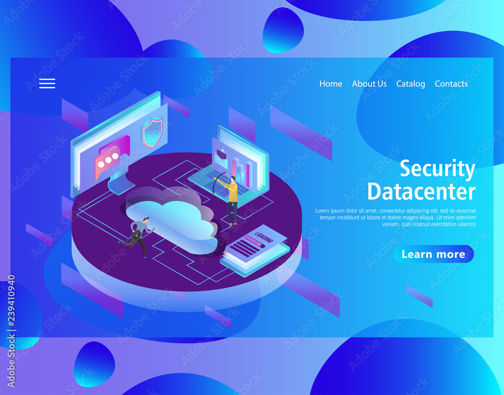 Web page design template for hosting and data center, big data processing, server room rack in isome
