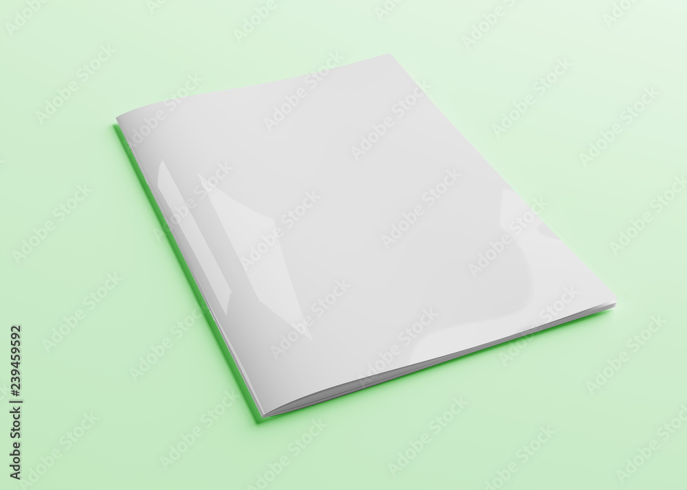 绿色3d渲染的孤立白色杂志封面实物模型
