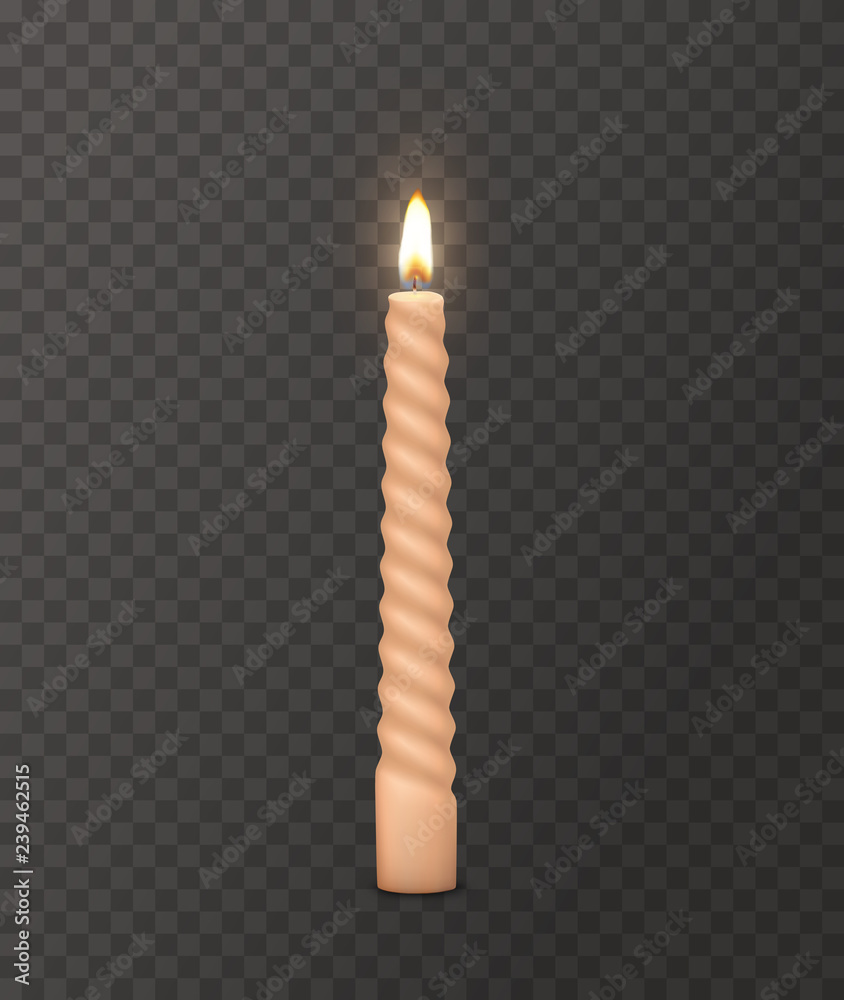 在透明背景上隔离燃烧火焰的蜡烛。矢量3D逼真蜡蜡烛