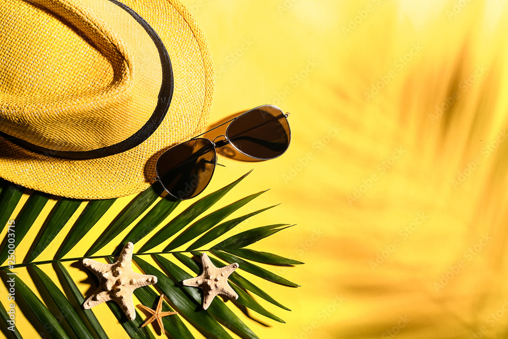 以热带树叶、沙滩帽和太阳镜为背景的构图