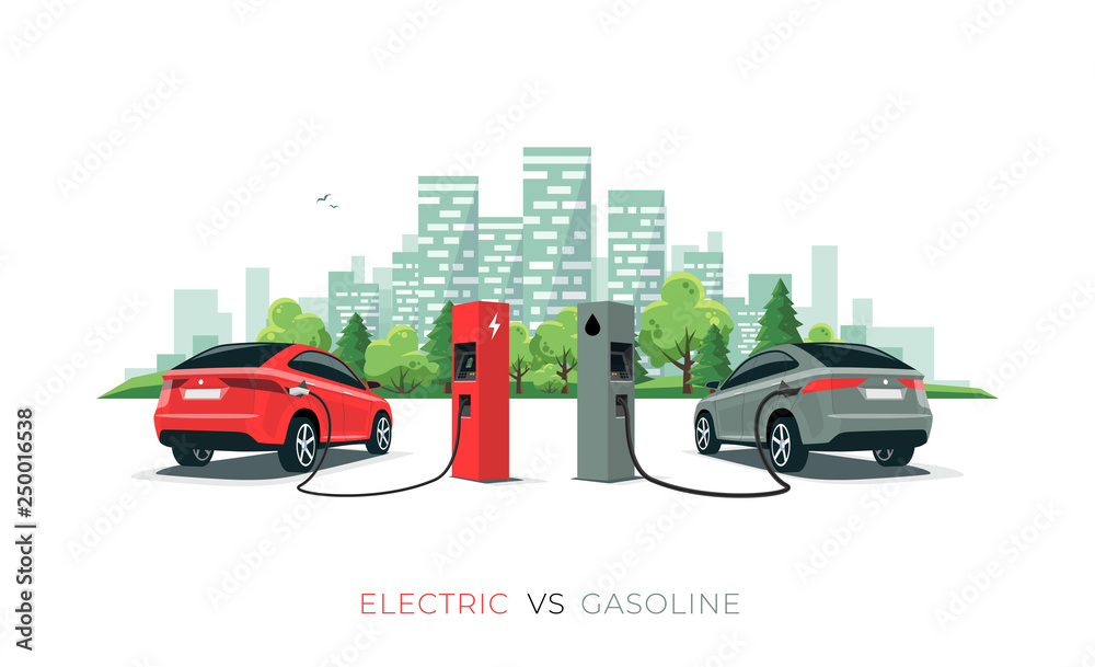 电动与汽油车suv。充电站电动汽车充电与化石汽车加油