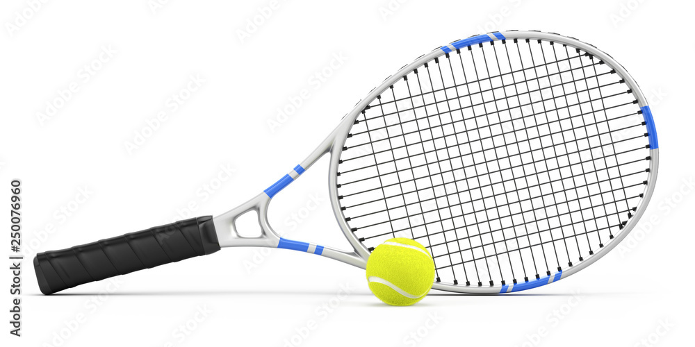 网球拍和网球在白色上隔离。3d渲染