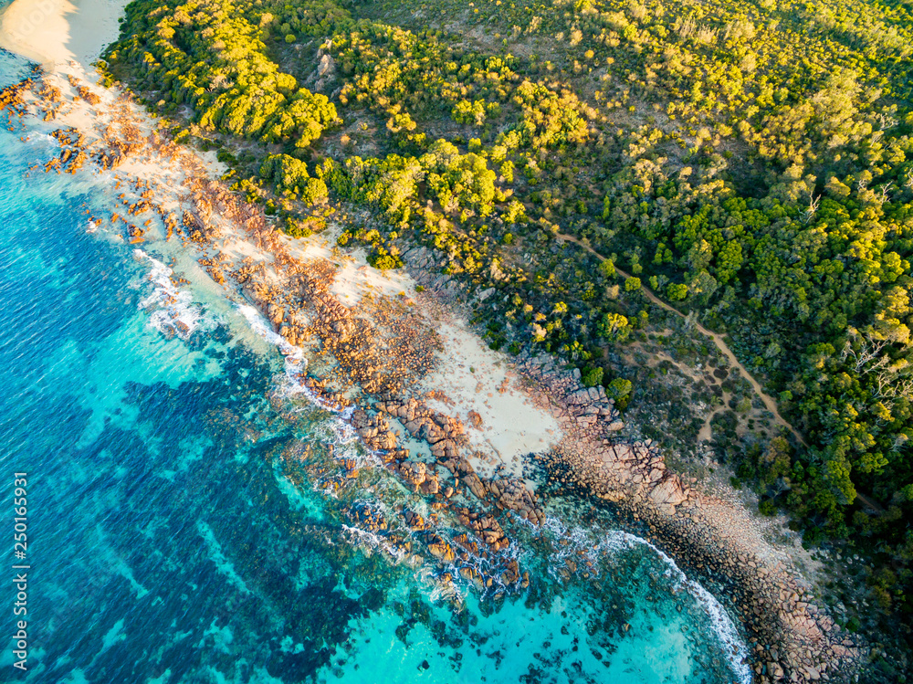 Aerial photograph over a beautiful beach in Cape Naturaliste near the towns of Dunsborough and Marga