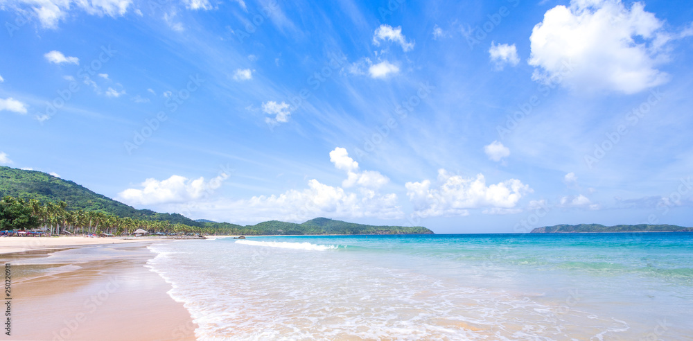 美丽迷人的金色沙滩，柔软的海浪与阳光明媚的蓝天隔离。概念