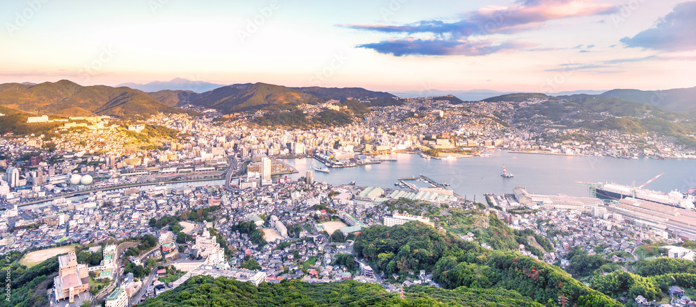 Business concept, modern cityscape of nagasaki dusk from mount inasa, the new top 3 nightview of the