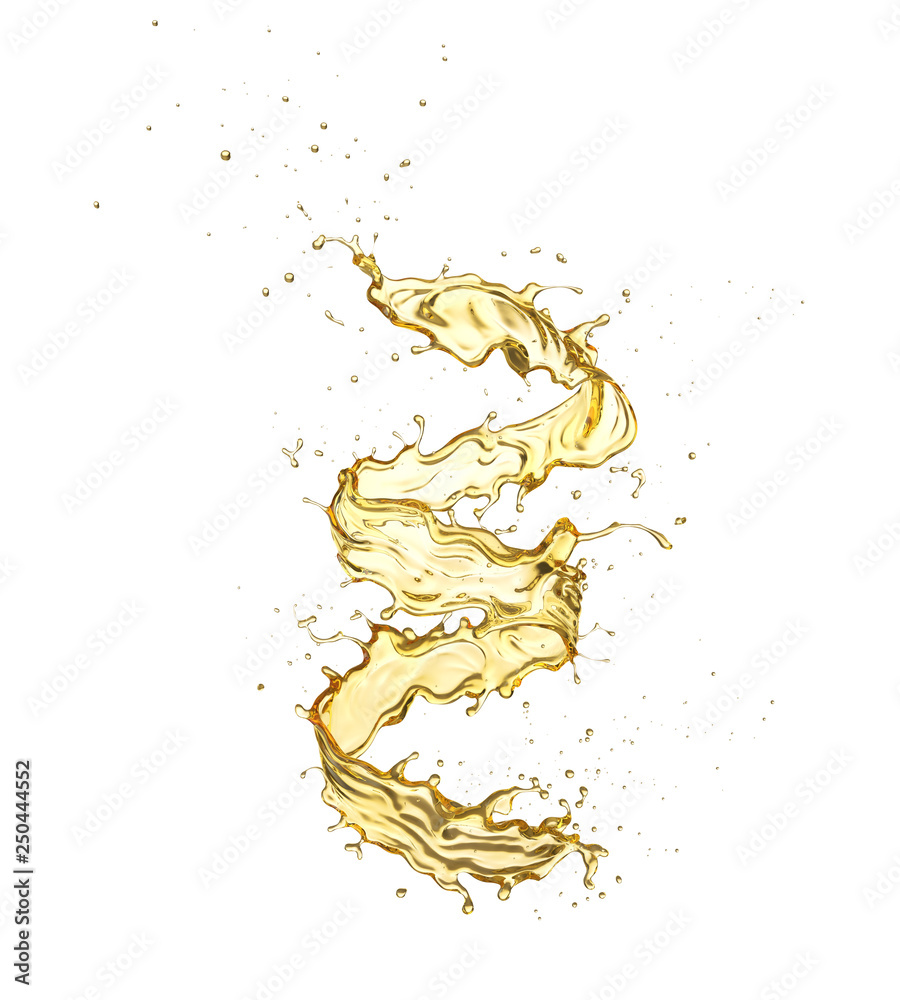 橄榄油或机油飞溅，白色背景上分离出金色向日葵油。