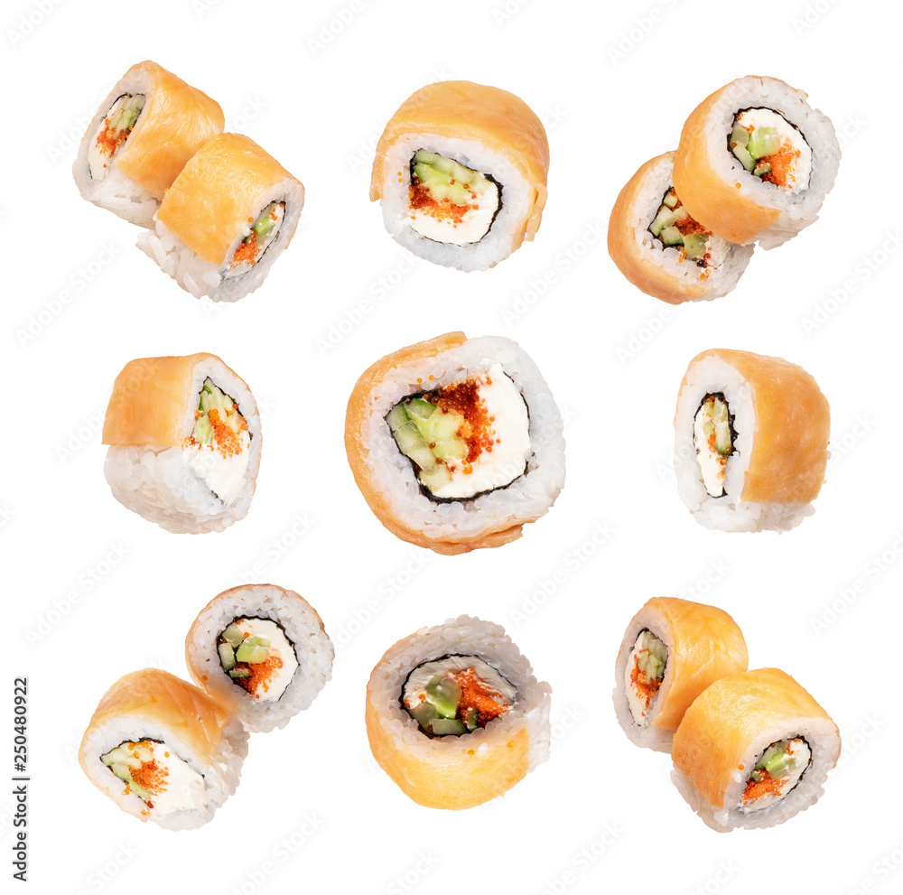 Set of fresh sushi rolls close-up isolated on a white background