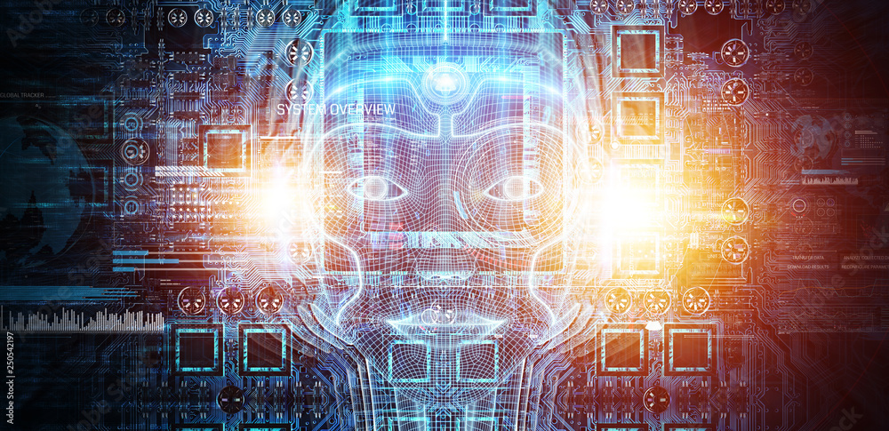 代表人工智能3D渲染的机器人女性半机械人人脸