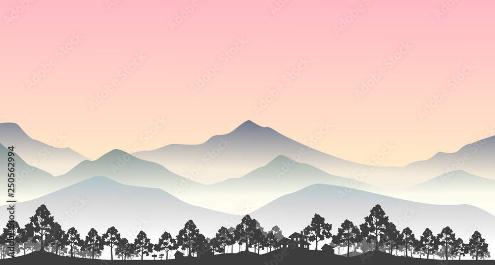 Landscape mountains in fog with village in forest vector illustration.