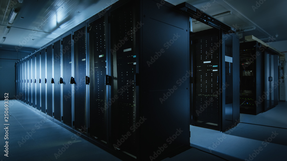 Shot of a Working Data Center With Rows of Rack Servers. Led Lights Blinking and Computers are Worki