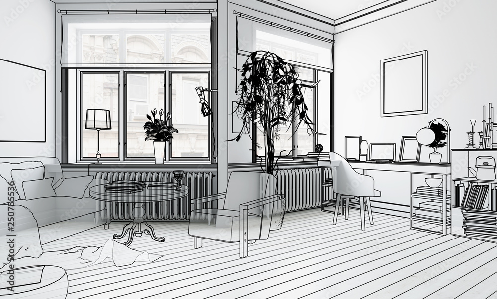 Möbliertes Wohnzimmer (Planung) - 3d Illustration
