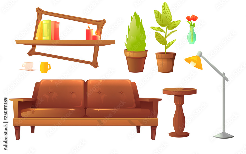 家具设计套装。现代沙发和椅子，配有毯子、枕头和木制咖啡标签