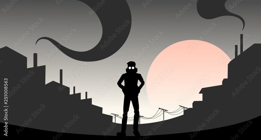 戴着防毒面具的人走在污染的城市里，以日落为主题，矢量插图。