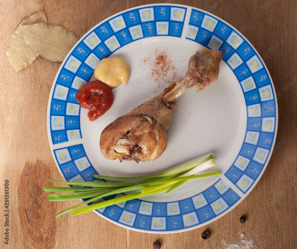 Fried chicken legs with green onions and mustard- Image
