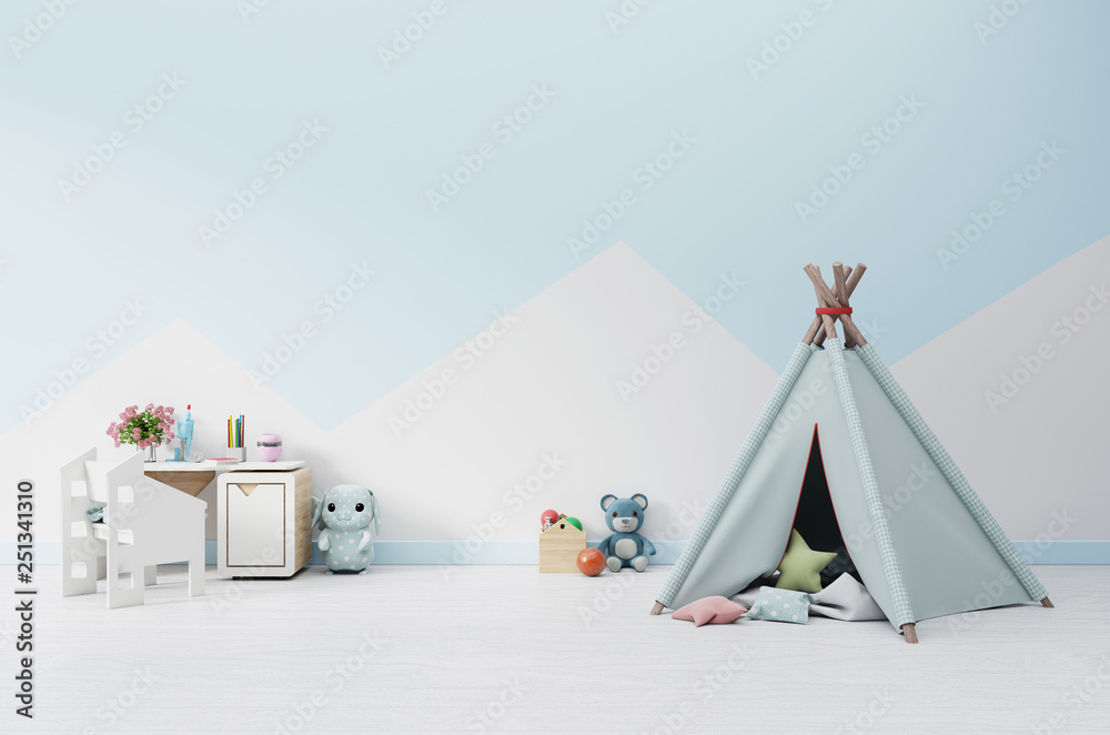 一个空的儿童游戏室，有帐篷和桌子，玩偶。3D渲染