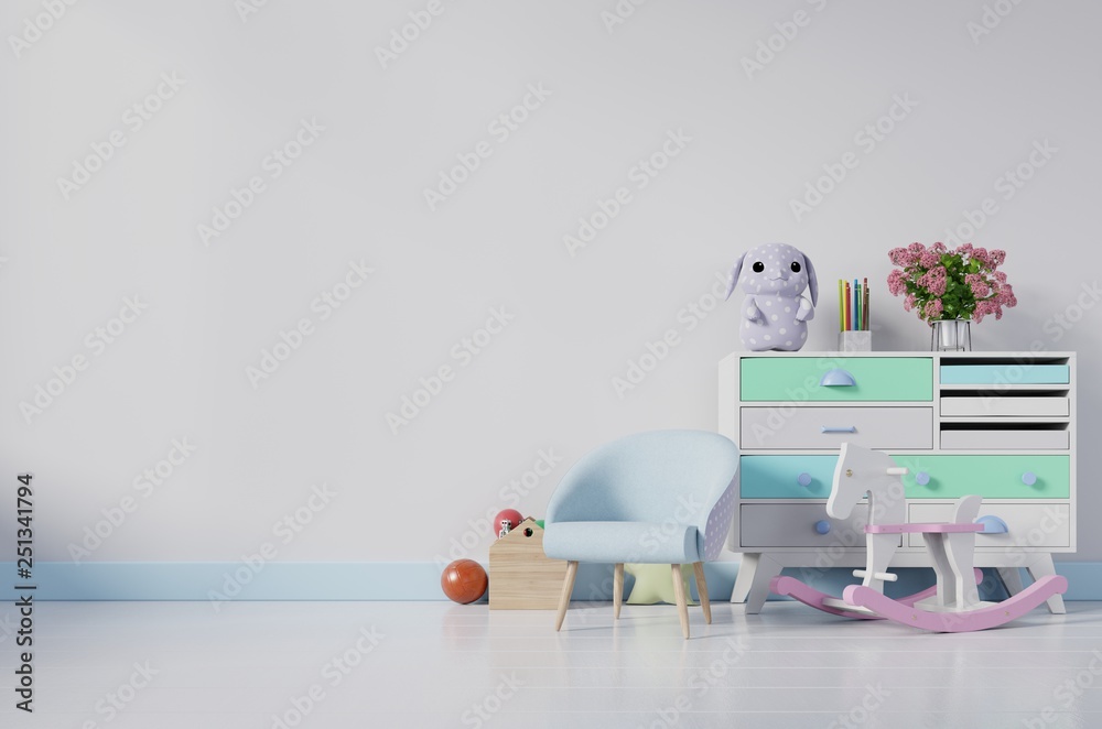 Childrens room with easel armchair and cabinet.Childrens room with bright color wall.3D rendering