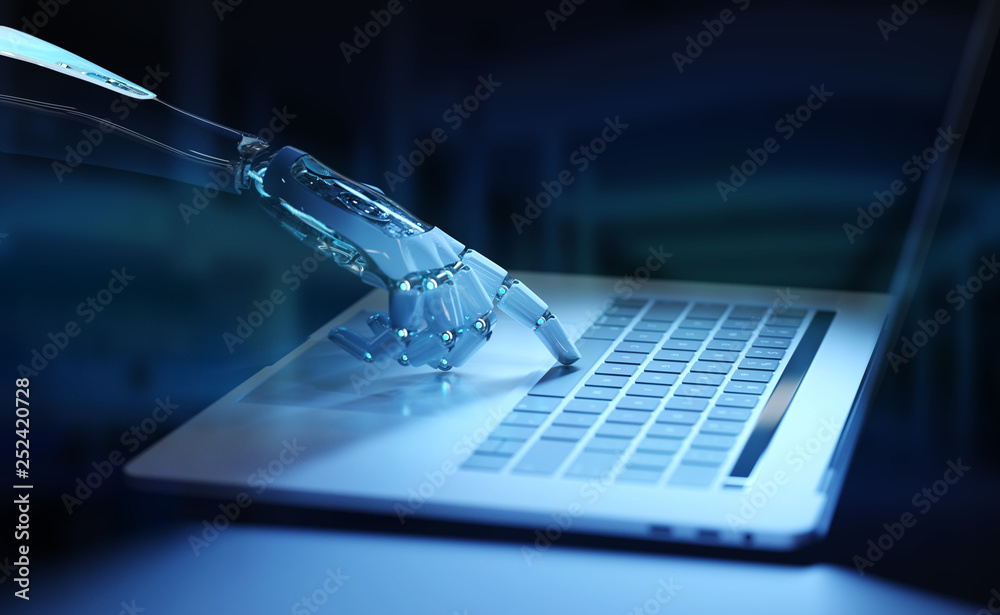 Cyborg在笔记本电脑上手动按下键盘3D渲染