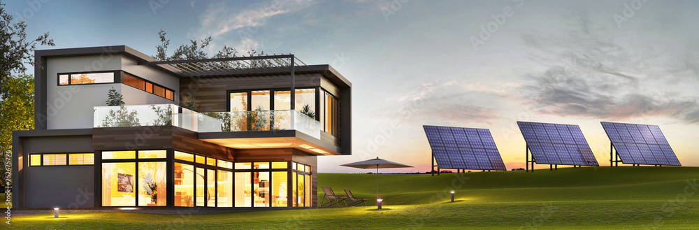 带太阳能电池板的豪华现代住宅的夜景
