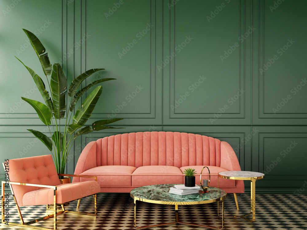 interior design for living area or reception with classic wall background ,living coral pantone / 3d