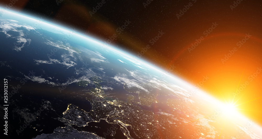 美国国家航空航天局提供的蓝色行星地球在太空中的3D渲染元素视图