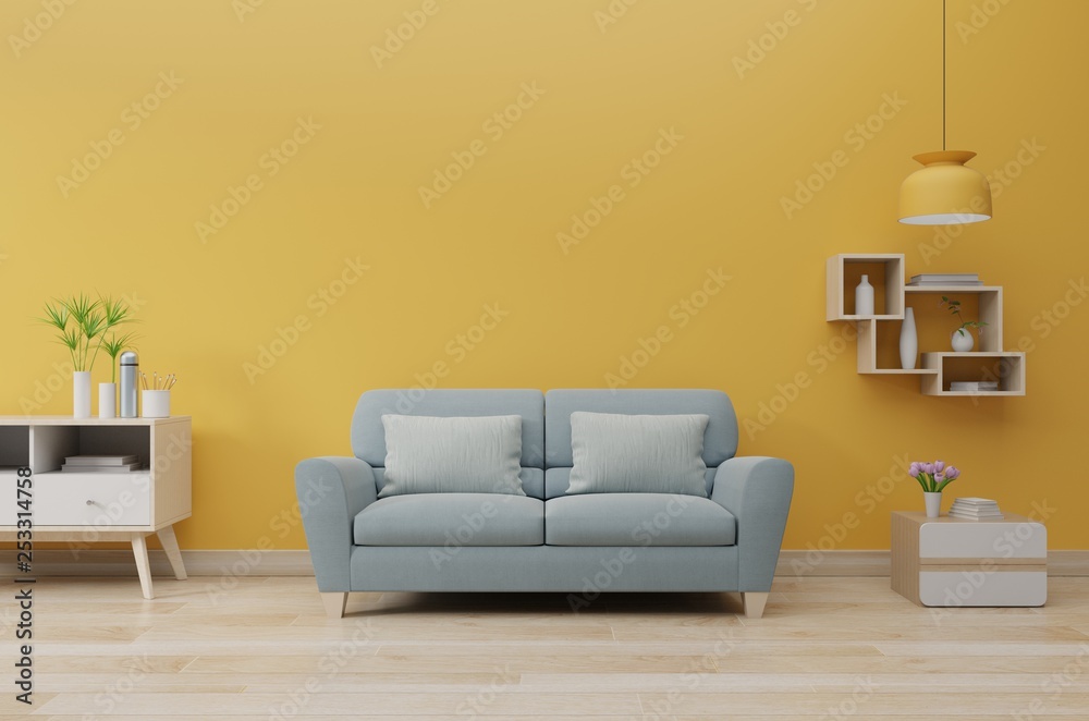 现代客厅内部，沙发和绿色植物，灯，黄色墙壁背景上的桌子。3d rend