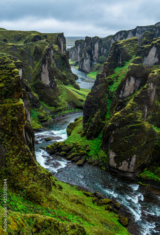 Unique landscape of Fjadrargljufur in Iceland. Top tourism destination. Fjadrargljufur Canyon is a m