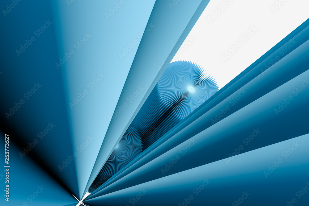 蓝色桶形折纸，三维渲染.
