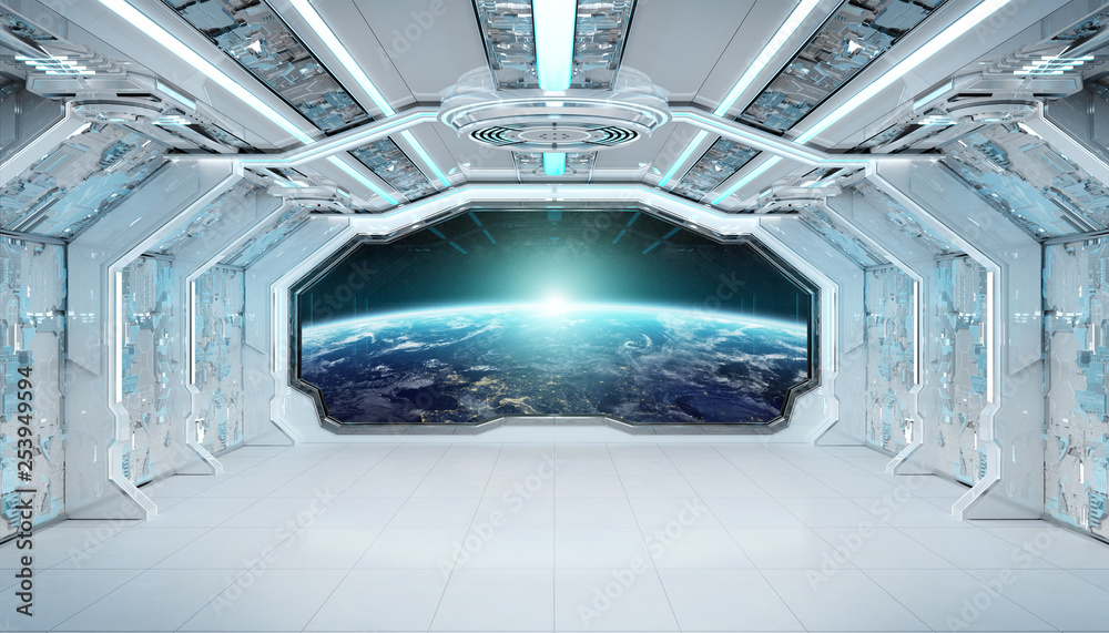 白蓝色太空船未来主义内饰，地球上的窗户视图3d渲染