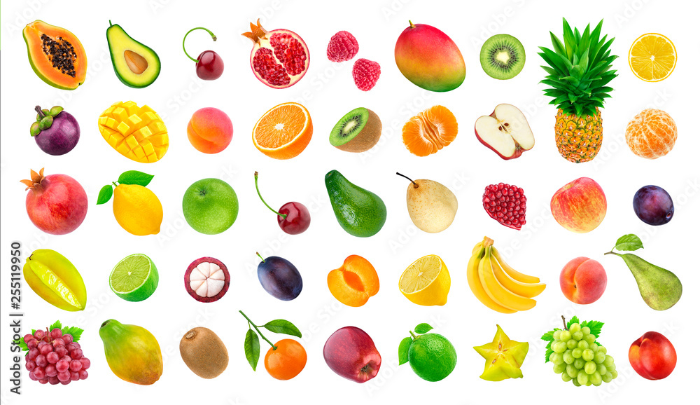 热带水果。不同的水果和浆果在白色背景下分离