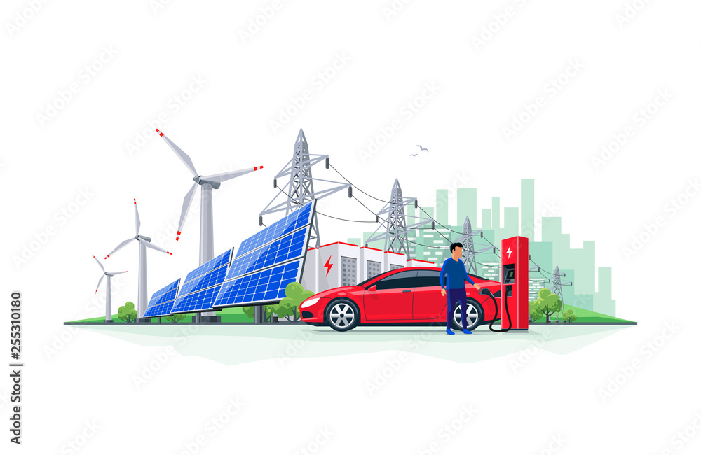Vector illustration of electric car charging at charger station with solar panels, wind turbines, ba