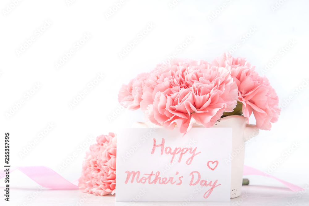 Beautiful blooming baby pink tender carnations in a white vase isolated on bright background, may mo