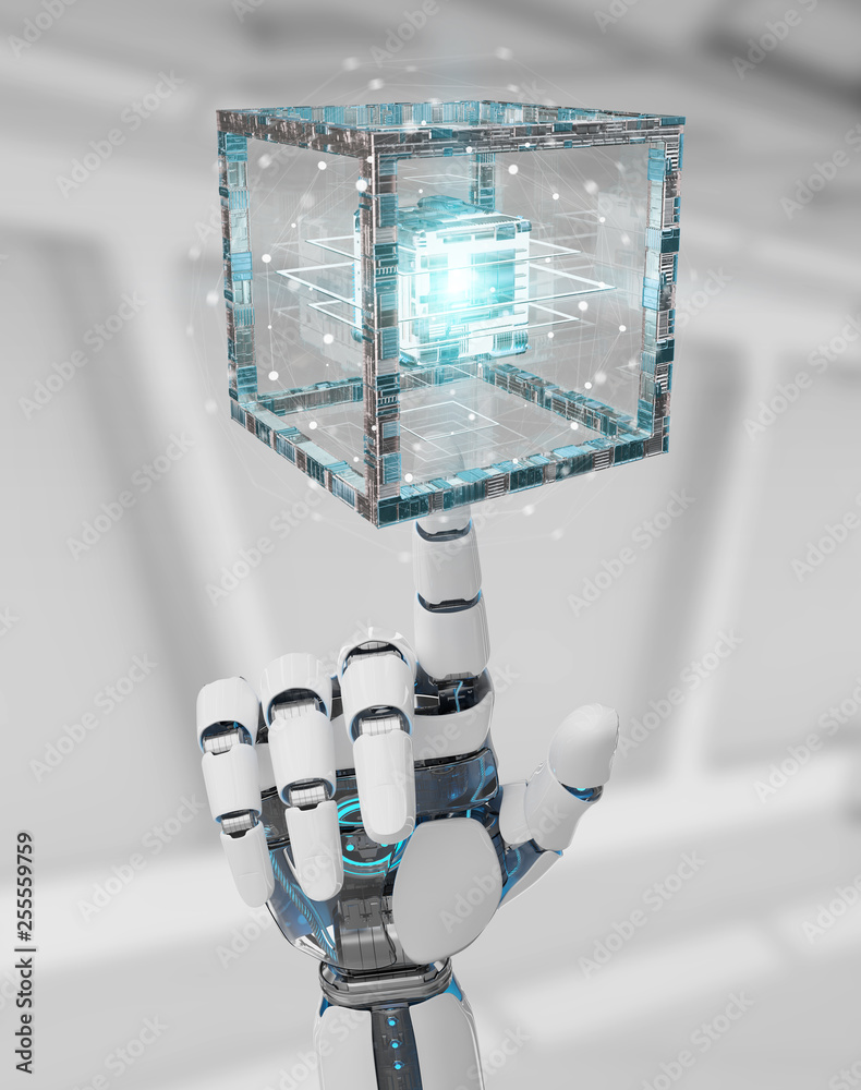 白色机械手创造未来技术结构3D渲染